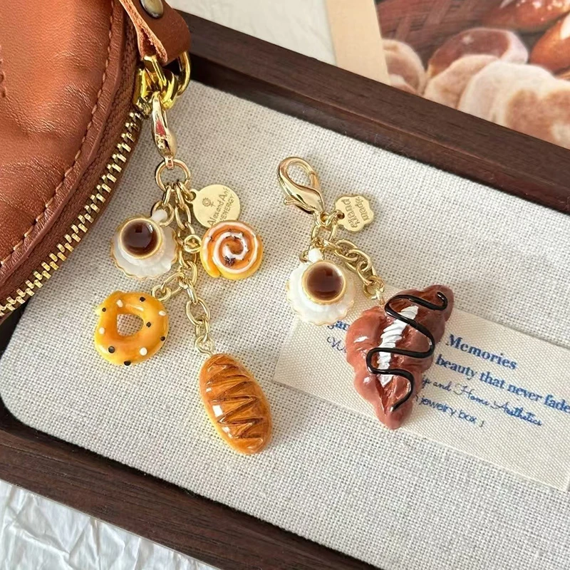 Creativo único Donut pan café teléfono encanto correa colgante cordón comida simulada juguetes llavero bolsa accesorios regalo