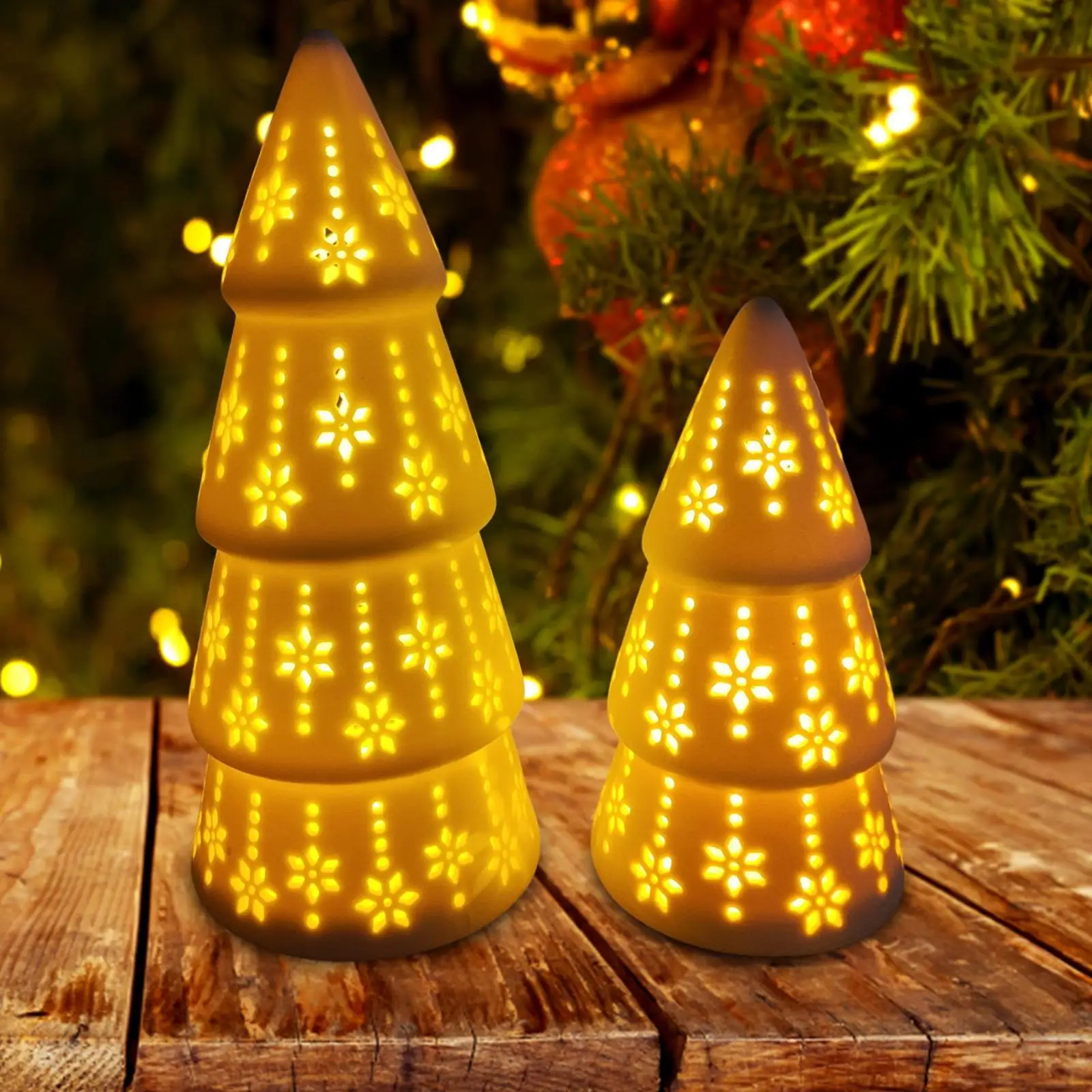 2Pcs Ceramic Christmas Tree Statues Light up Christmas Tree for Home Indoor