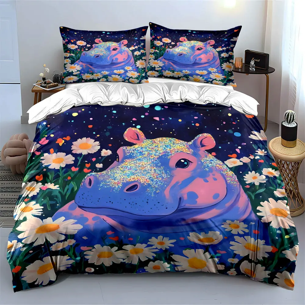 Dreamy Hippo with Daisy Field Bedding Set for Kids Luxury Gift 3pcs Digital Print Comforter Set Soft Comfortable Breathable