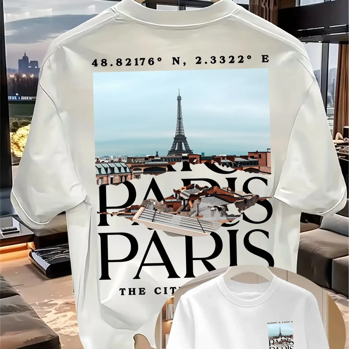 Retro Torn Paper Eiffel Tower Coordinates City Landscape Pattern Men's 100% Cotton T-shirt Breathable Loose Souvenir Top