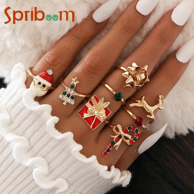 1 8Pcs set Christmas Rings for Women Crystal Christmas Tree Cane Santa Claus Ring Sets Happy New Year Party Jewelry Female Gifts
