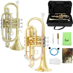 SLADE Pocket Trumpet Brass Bb Gold Lacquer Mini Trumpet with Mouthpiece Case Strap Gloves Cleaning Kit for Students Beginners
