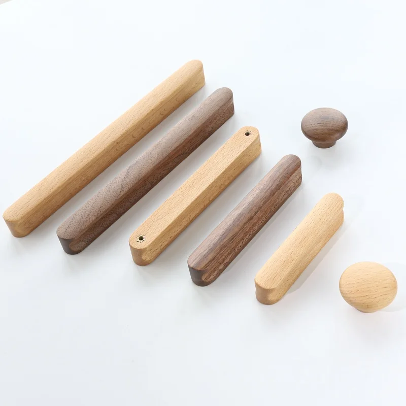 Nordic Solid Wood Kitchen Cabinet Handles Drawer Pulls for Kids Room Walnut Wooden Cabinets Door Knobs Furniture Handles