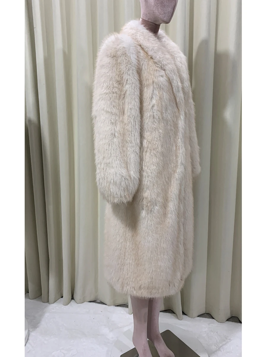 Осенне-зимнее длинное мягкое толстое теплое пальто из волосатого искусственного лисьего меха, женское пальто с шалевым воротником, элегантное роскошное шикарное пушистое меховое пальто, верхняя одежда
