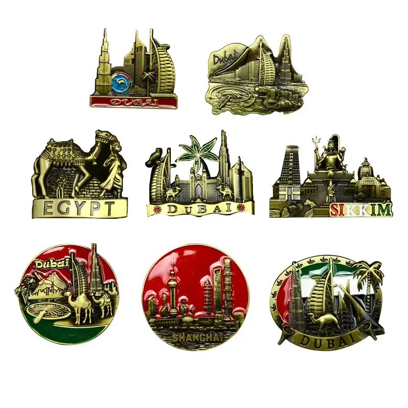 World Tourist Souvenirs Metal Craft Decorative Magnets Dubai Shanghai Egypt Sikkim Architectural Monuments Fridge Magnet Decor