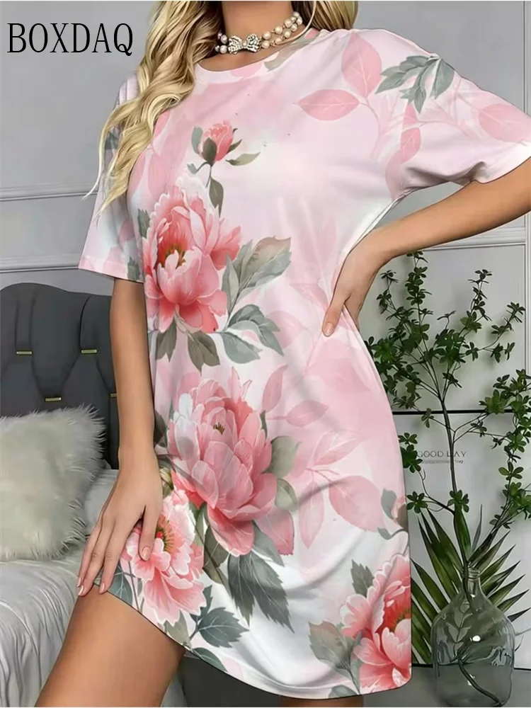 Women's Summer Retro Flower Printed Short Sleeve Round Neck Dress 2026 Fashion New Style Design Elegant Women's Loose Mini Dress