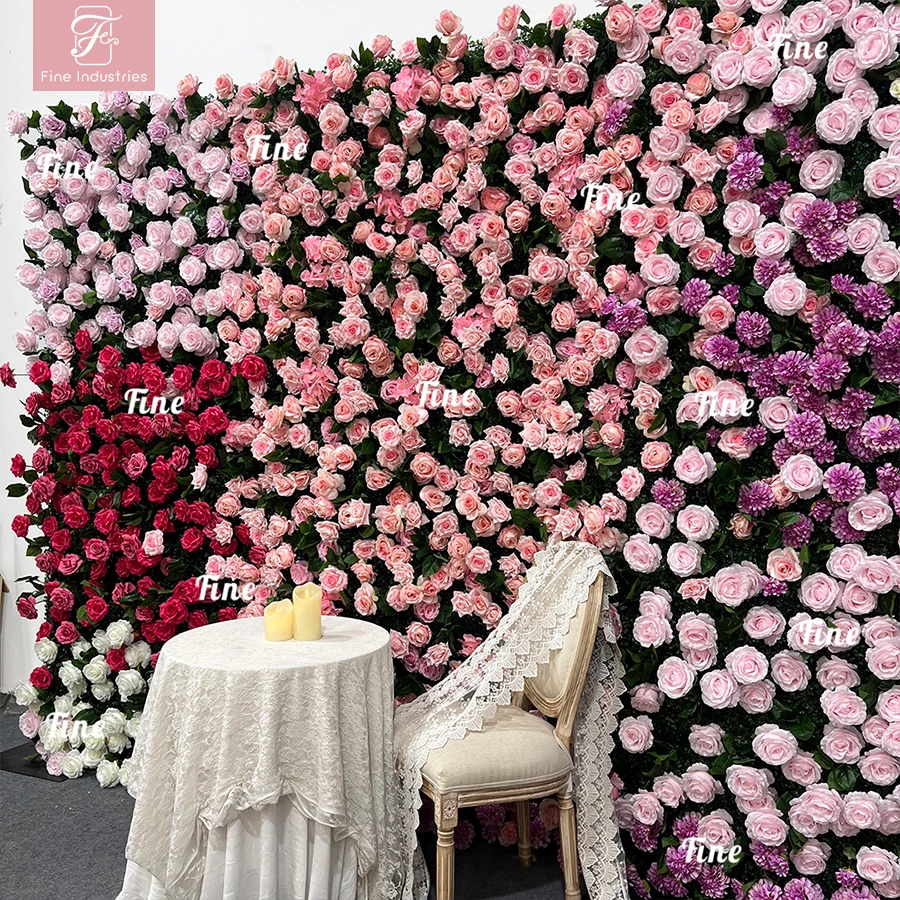 

Fine Wall Flowers Decor for Restaurant Pink Rose Luxury Artificial Flower Wall Wedding Stage Background