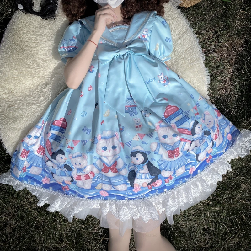 Vestido Lolita OP para niña, traje japonés Kawaii con lazo, cuello marinero, estampado de pingüino y gato de dibujos animados, encaje para fiesta, Verano