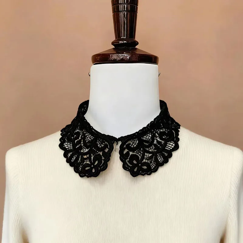 블랙/화이트 속이 비치는 자수 셔츠 여성용 정장용 가짜 칼라 탈부착 가능한 라운드 넥 셔츠 탈부착 가능한 칼라 장식용