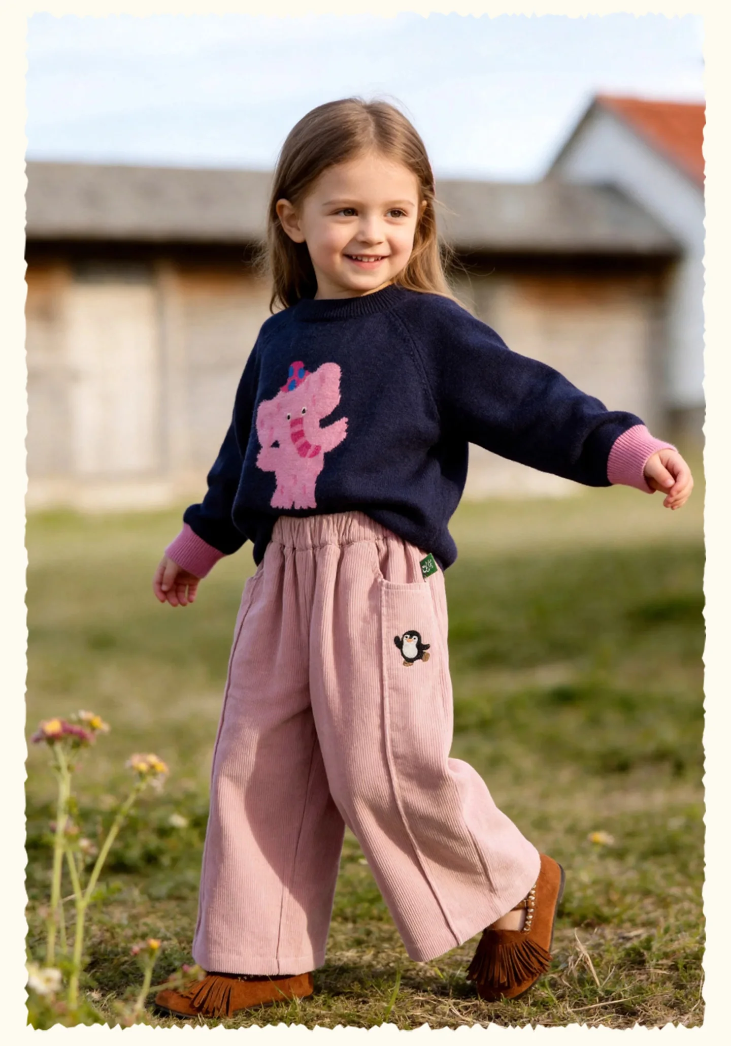 Amila 2026 Herbst Neue Kinder-Freizeithose mit seitlicher Pinguin-Verzierung Vintage Niedliche Atmosphäre Vielseitige Hose – Detail 10