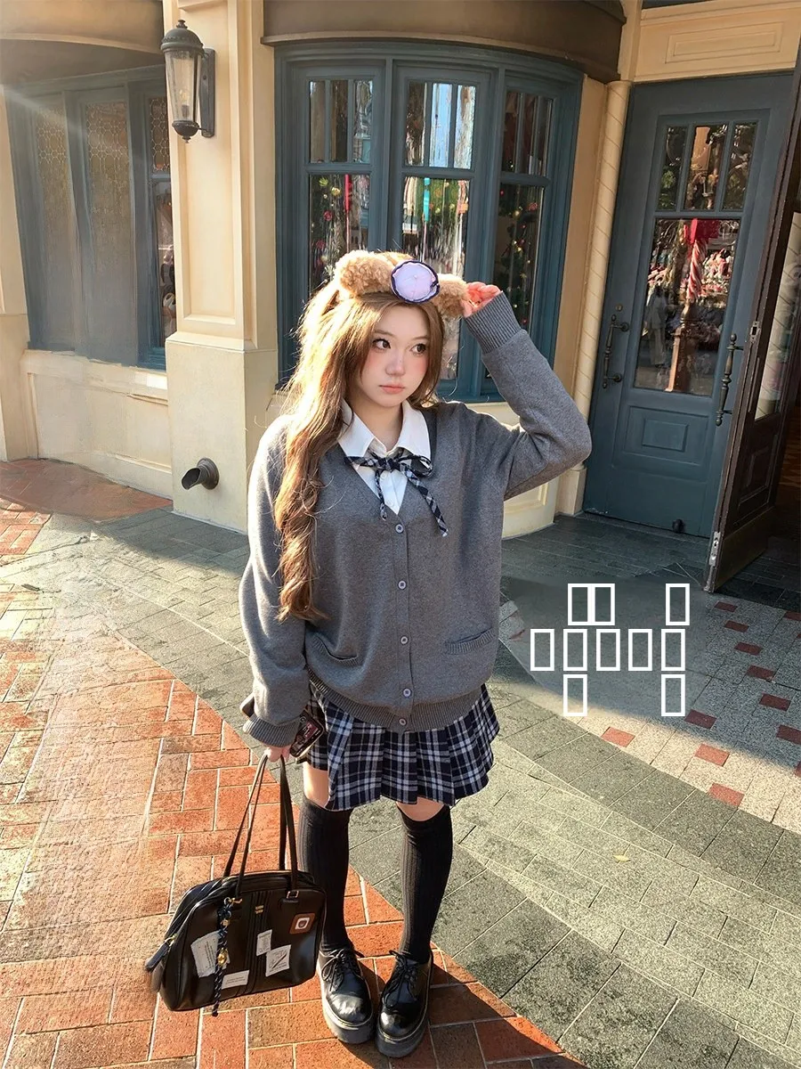 

Комплект из кардигана и плиссированной юбки Annie Non-Fire Japanese Sle College Wind для женщин больших размеров, утягивающий, зимний...