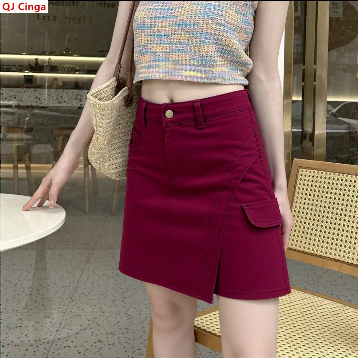 Trendy Women's Mini Skirts, Burgundy Stretch Denim A-line Skirt, Asian Sizes XS–XXXL.