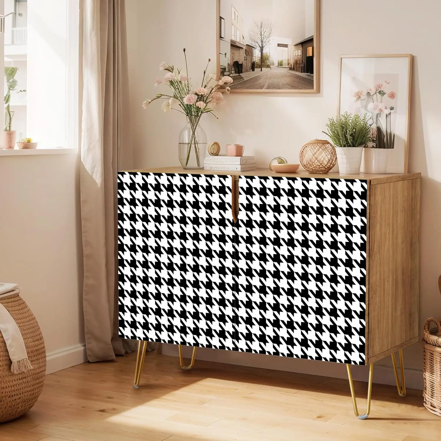 

Sideboard Buffet Cabinet Kitchen Storage Cabinet with 2 Doors Houndstooth Black and White Patterned Cupboard Console Table