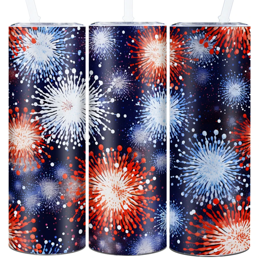 

20oz Festive Party Tumblers Straw Lid 1Pc Stainless Steel Coffee Cup 3D Print Firework Insulated Water Bottle Christmas Gifts