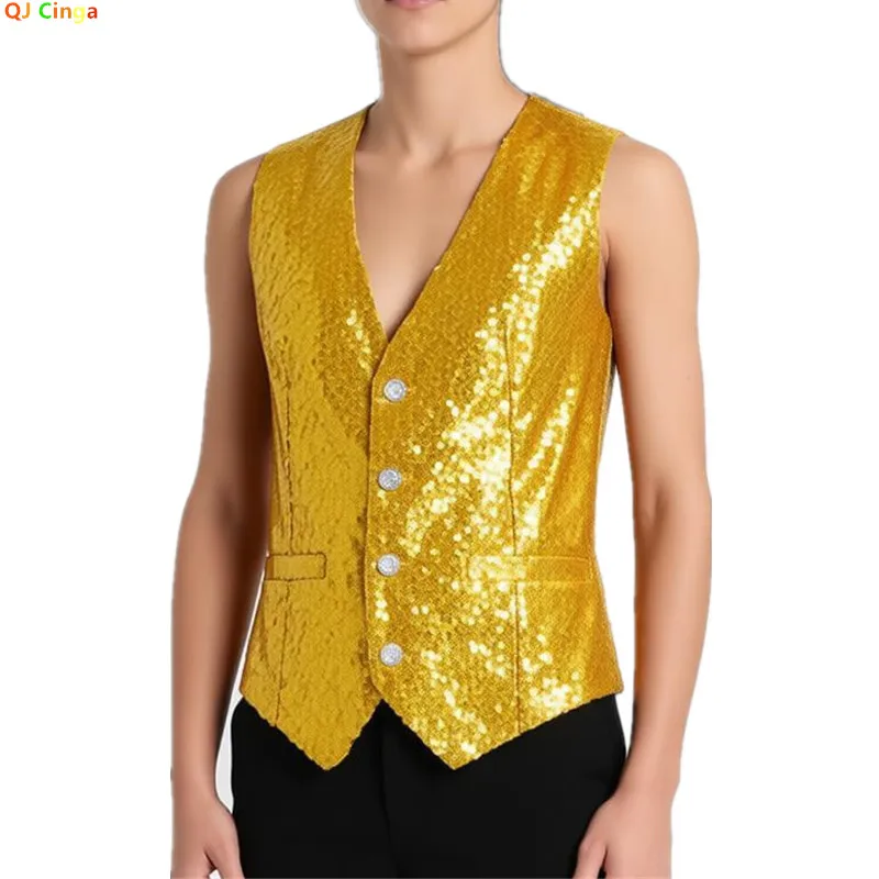 

Men's Red Shiny Sequins Single Breasted Sleeveless Vest, V-Neck Waistcoat, Gold Black White Blue Purple Available.
