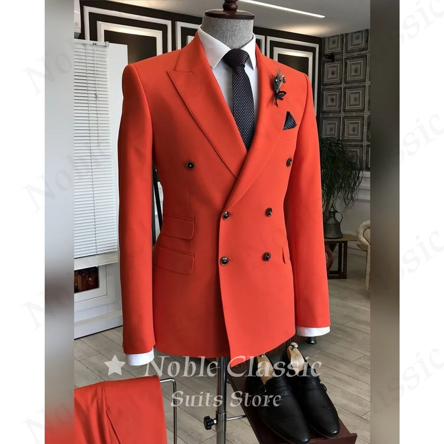 2 Piece Suit Men Bright Orange Wide Peak Lapel Double Breasted Blazer Matching Pants Formal Wedding Prom Gentleman Customized