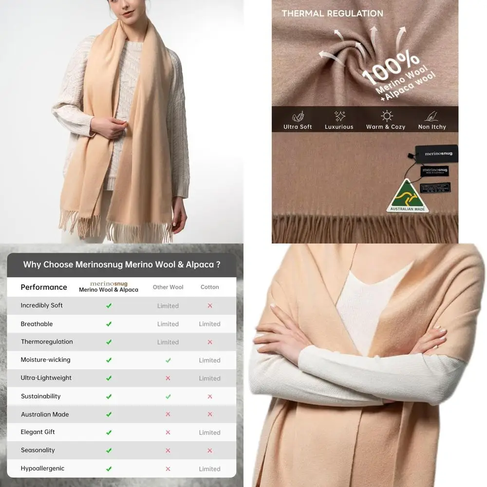 

Luxurious Merino Wool & Alpaca Blend Scarf, Australian Pashmina-Style Shawl, Soft Cashmere-Like Wrap for Women's Winter Holidays