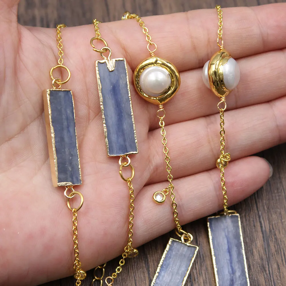 G-G Freshwater Natural White Pearl Natural Blue Kyanites Stone Connector Chain Long Necklace Sweater chain For Lady