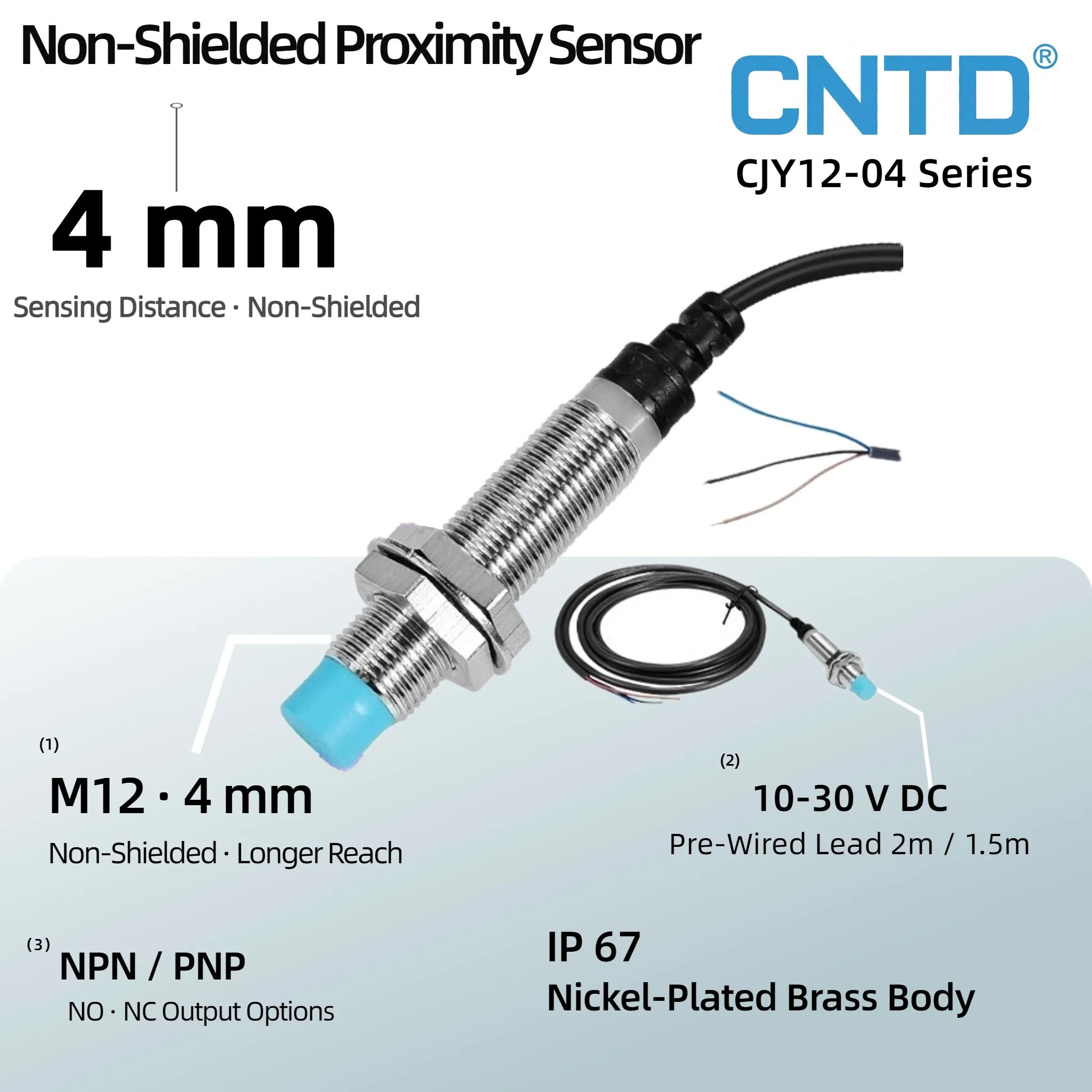 CNTD CJY12 M12 Non-shielded Inductive Proximity Switch Sensor 4mm Non-Flush NPN PNP NO NC 10-30VDC IP67 2m 1.5m CNC PLC 3C CE