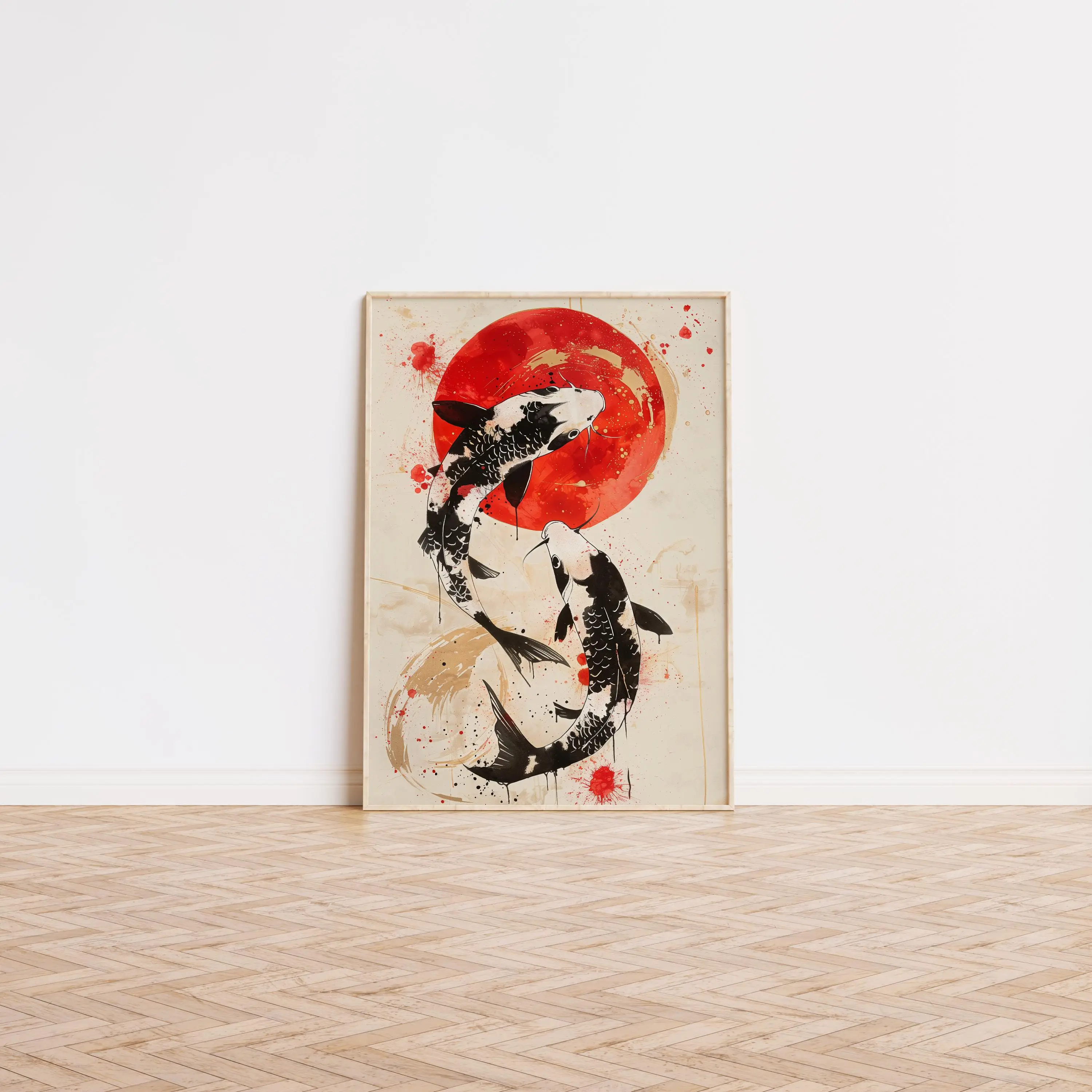 1PC frameless decorative art print,Neutral Japandi Animal Wall Art, Orange & White Japanese Koi Fish Print Abstract Golden Accen