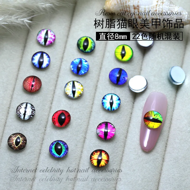 30PCS Shiny Colorful Cat Eye 8mm Semisphere Flatback Diamond Resin Nail Art Rhinestones Decorations Manicure Halloween Charms