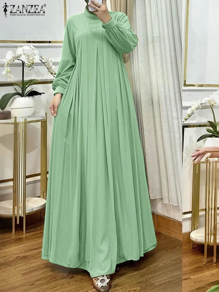 

Eid Mubarek Muslim Abaya Hijab Dresses 2025 ZANZEA Women Elegant Long Sleeve Solid Pleated Sundress Maxi Robe IsIamic Vestidos