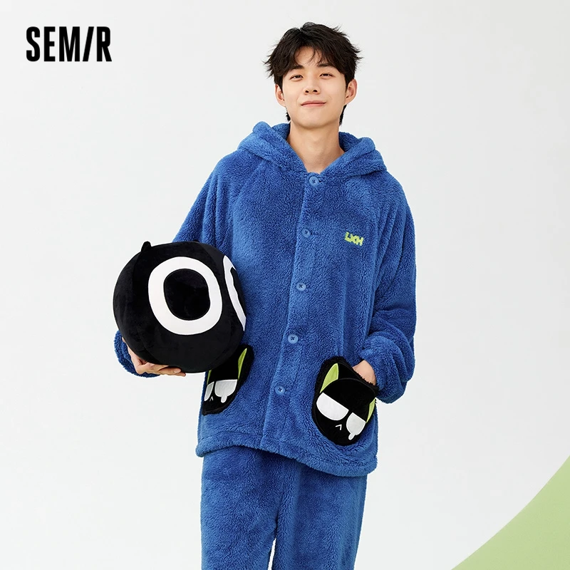 Semir Home Set Men Double-Sided Velvet Warm Hooded Pajamas Cartoon Leggings Set For Homewear