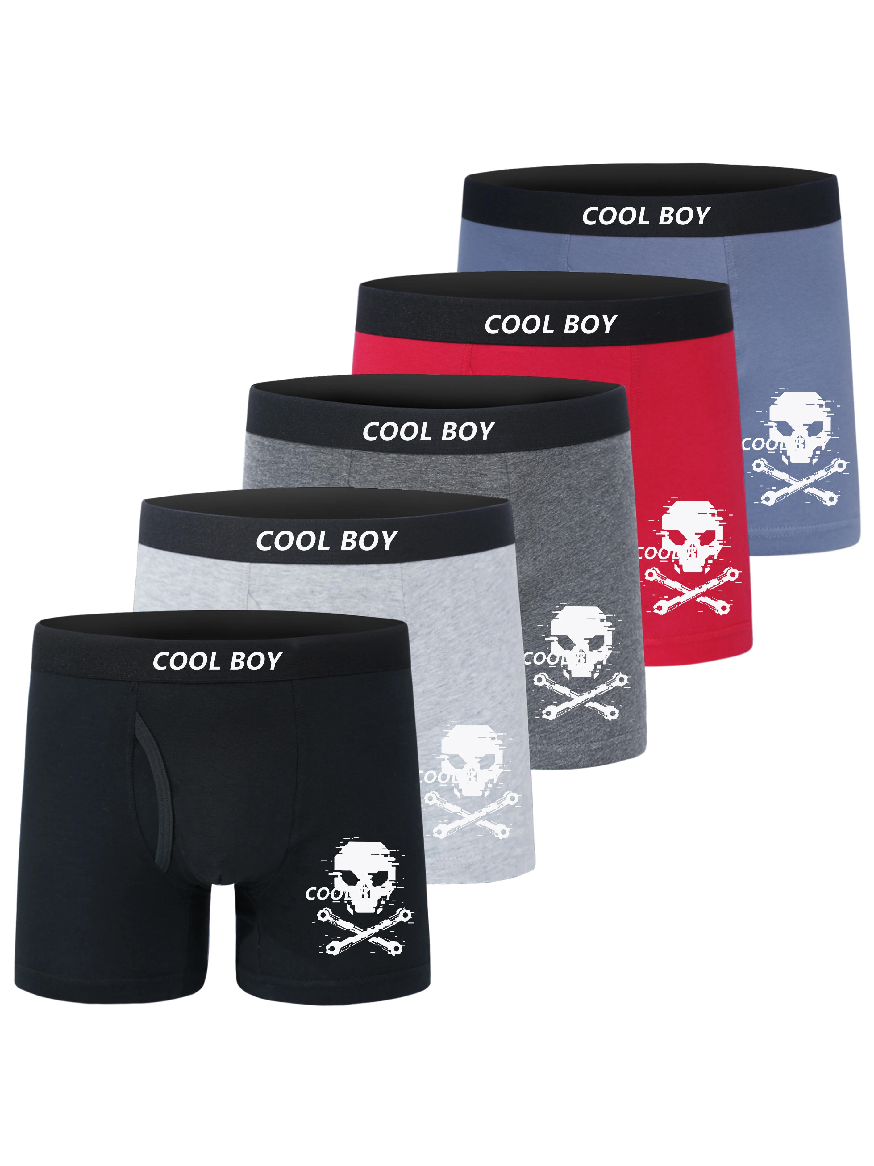 5 Pack Boys Cotton Open Fly Boxer Briefs COOL BOY Letter Glitch Skull Cross Wrenches Print Solid Color Soft Breathable Kids Unde