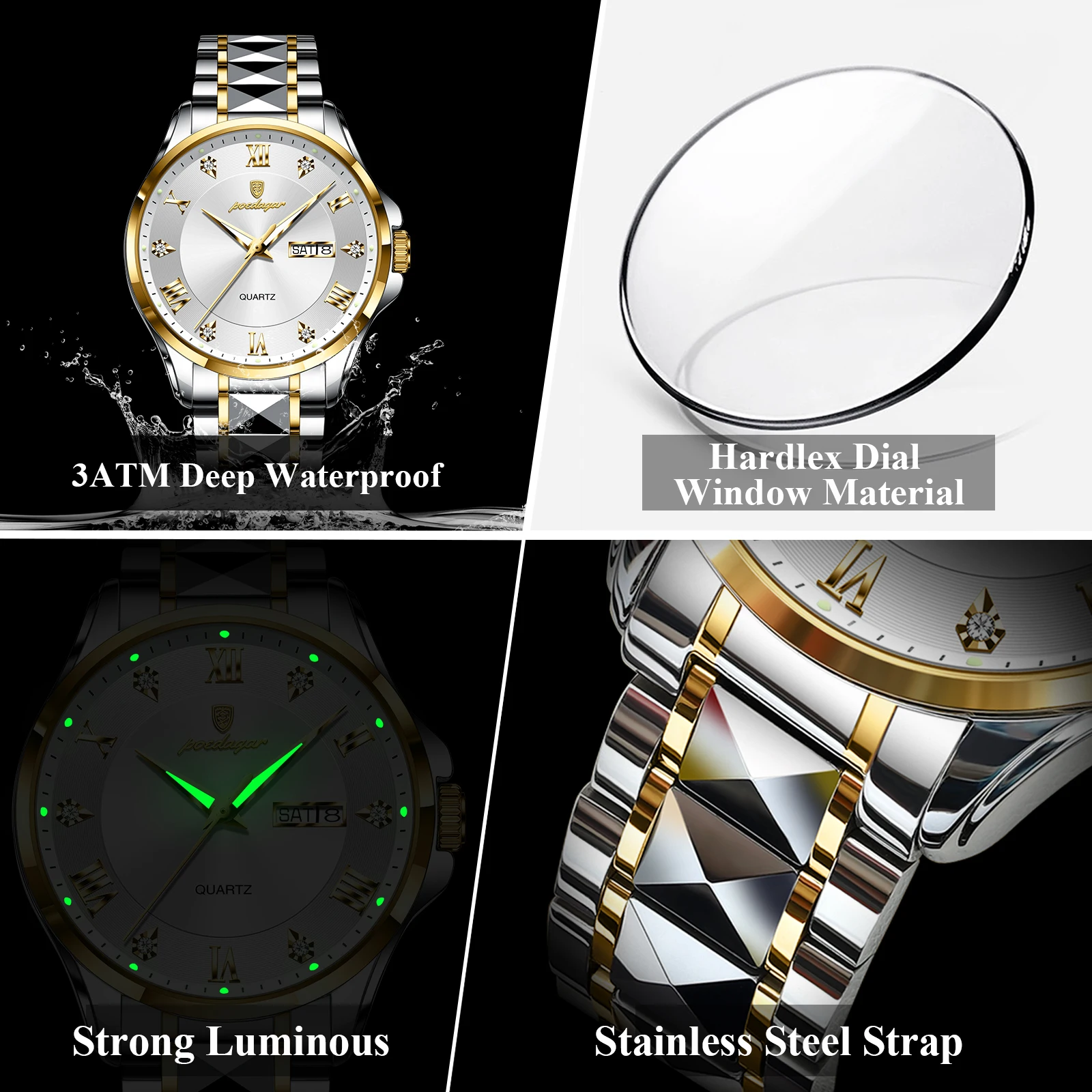 POEDAGAR, Reloj militar a la moda para hombre, Reloj de pulsera resistente al agua con fecha luminosa y semana para hombre, relojes de cuarzo de acero inoxidable para hombre, Reloj masculino