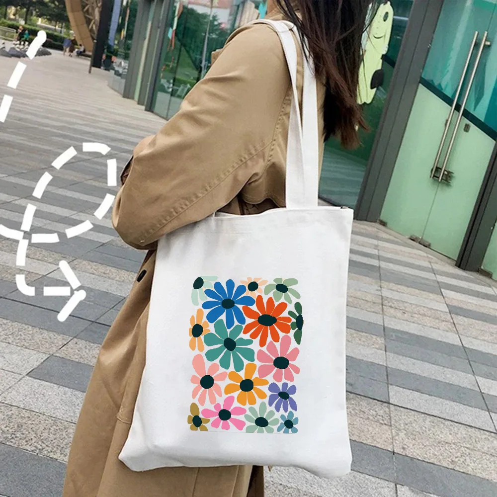 Rainbow Color Retro Floral Teal Daisy Sunflower Black and White Flower Women\'s Canvas Shoulder Tote Bag Shopper Shopping Handbag