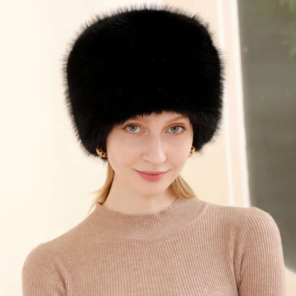 Fashion Women Bucket Hat Flat Top Fox Fur Plush Winter Hat Warm Thickened Ear Protection Windproof Outdoor Hats for Women