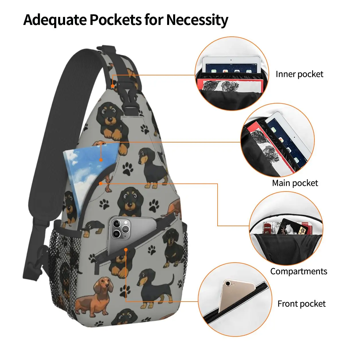 Teckel Hond Cartoon Crossbody Sling Bag Mannen Borst Tas Worst Schouder Rugzak Dagrugzak Voor Reizen Wandelen Fietsen Pack