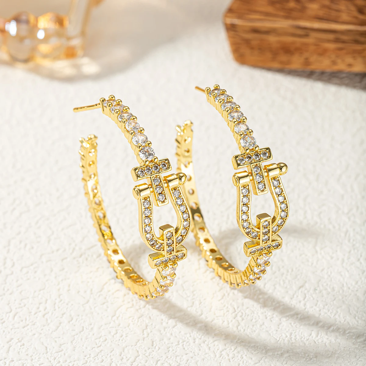 2026 Luxury Gold Plated Big Hoop Earrings for Women, Full Paved Cubic Zirconia Horseshoe Buckle Design, Statement C-Shaped Earri