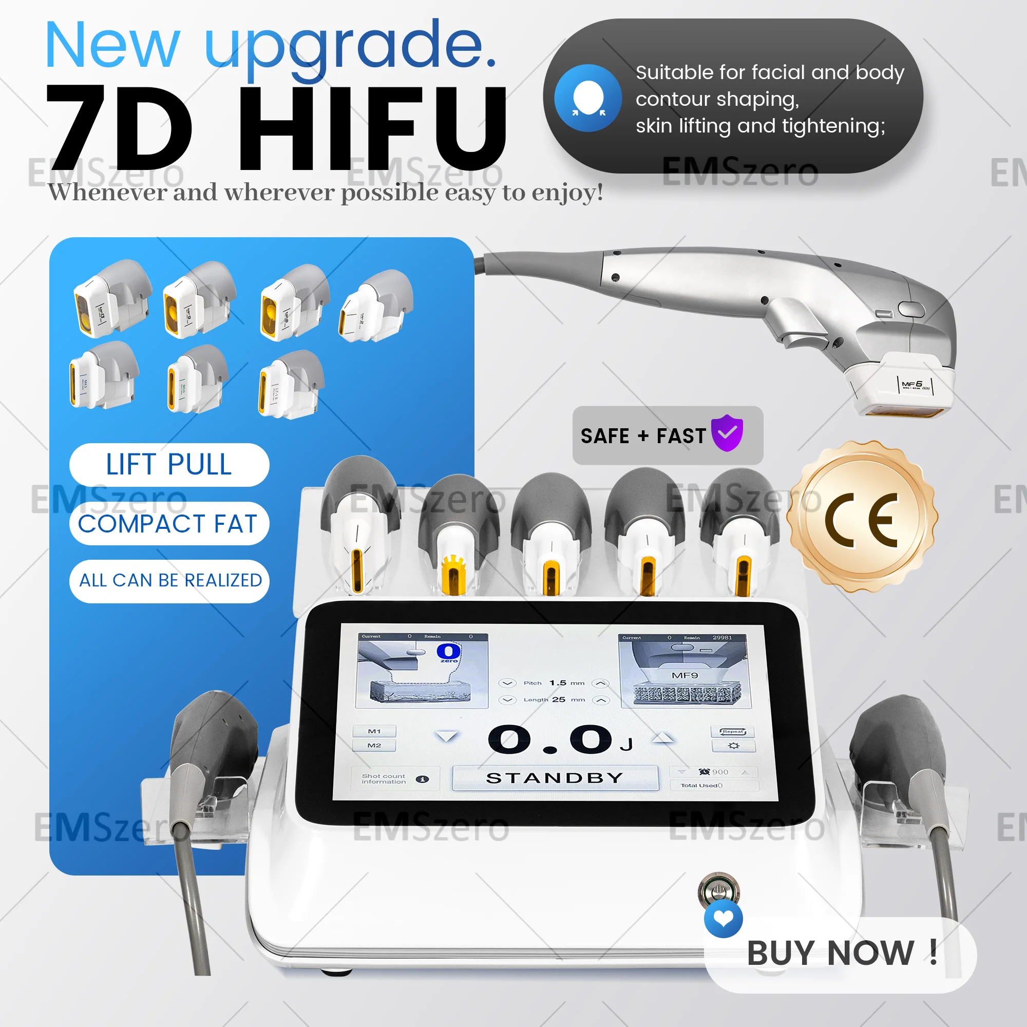 7D HIFU High Intensity Focused Ultrasound Machine Portable Face Body Anti Wrinkle Device 7 Cartridges 1.5mm to 13mm