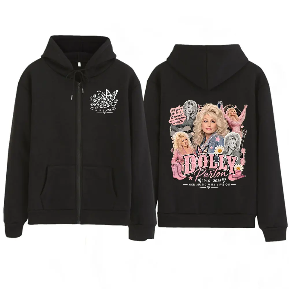 Dolly Parton Country Music Tribute 1946-2026 Zipper Hoodies Men Women Fashion Casual Zip Up Hooded Sweatshirts Jackets Coats