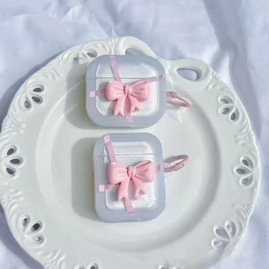เคสหูฟังสีชมพูรูปโบว์สำหรับ AirPods 4 3 2 1 เคสไร้สายสำหรับ AirPods Pro2 รุ่นเคสหูฟังบลูทูธพร้อมพวงกุญแจ
