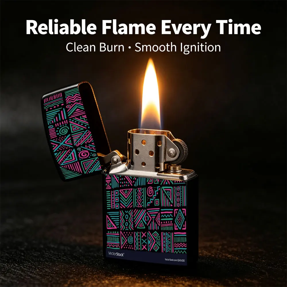 Pocket Lighter, Flip-Top Windproof, Colorful Tribal Geometric Pattern on Black, Metal Shell, Comfort Grip, Refillable