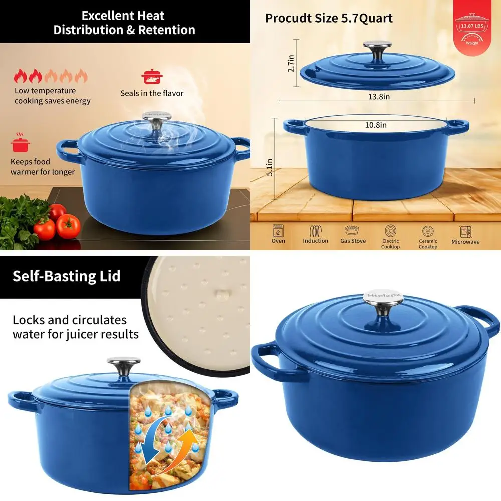 

Чугунная эмалированная кастрюля-казан с крышкой, 5,7 кварты, синяя, для выпечки хлеба, тушения, запекания и приготовления запеканок до 500 градусов. ° Ф