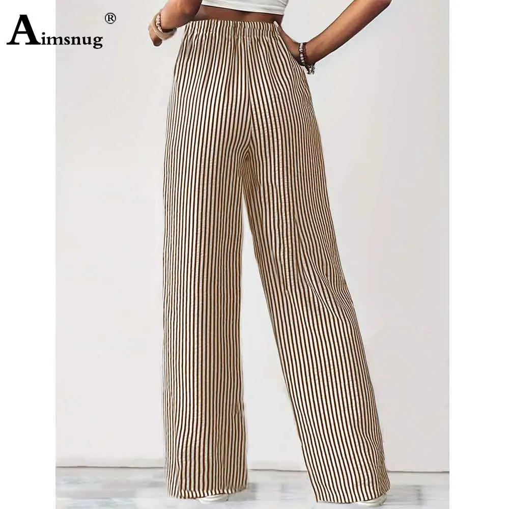 2025 Women Elegant Fashion Striped Penicl Pants Female Stand Pocket Board Trousers New Summer Elastic Waist Straight Beach Pants