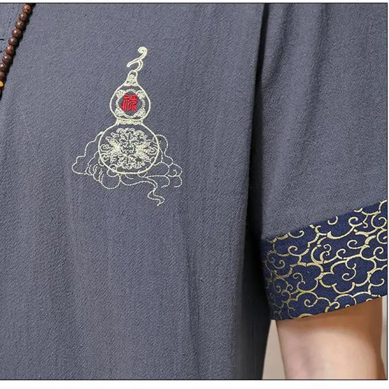 M-5XL Plus Size Chinese Style Blouse Gourd Embroried Means Good Fortune Short Sleeve Hanfu Top Frog Button Summer Linen Shirt