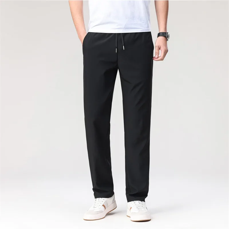 Men Elastic Waist Straight Leg Casual Pants Lightweight Quick Dry Wrinkle Resistant Cool Breathable Trousers For Summer