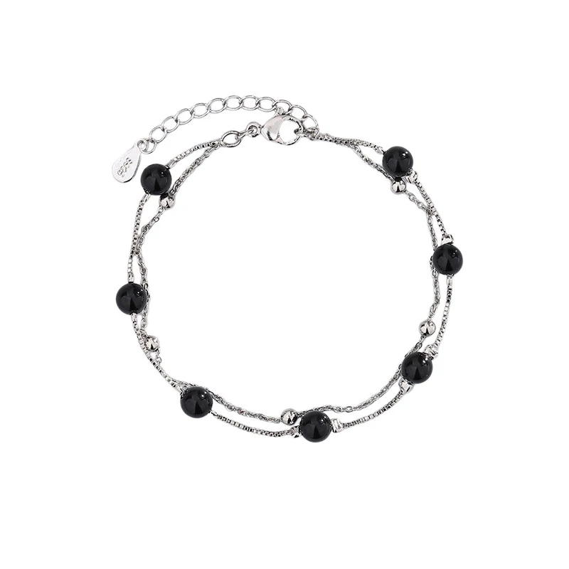 KOFSAC Vintage Trendy Black Beads Bracelets For Women 925 Sterling Silver Jewelry Glamorous Two Chain Bracelet Girl Gift