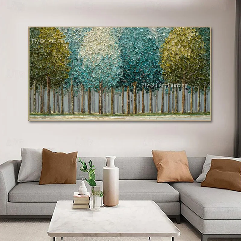 Original Hand‑Painted Tree Grove Canvas Art, Heavy Texture Woodland Oil Painting, Calm Modern Farmhouse Living Room Wall Decor