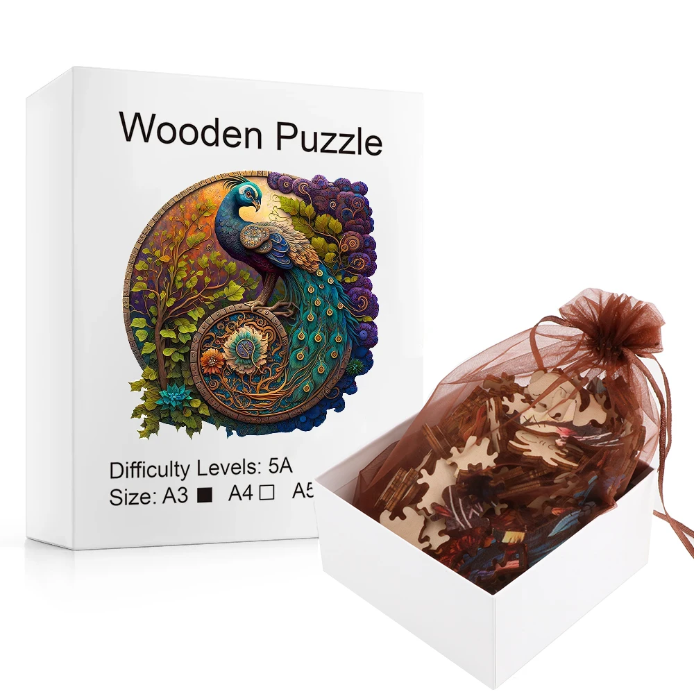 A3 A4 A5 Multi Size Puzzle Adult Animal Wooden Puzzle Round Peacock and Bird Wooden Puzzle Children\'s Puzzle Toy Festival Gift