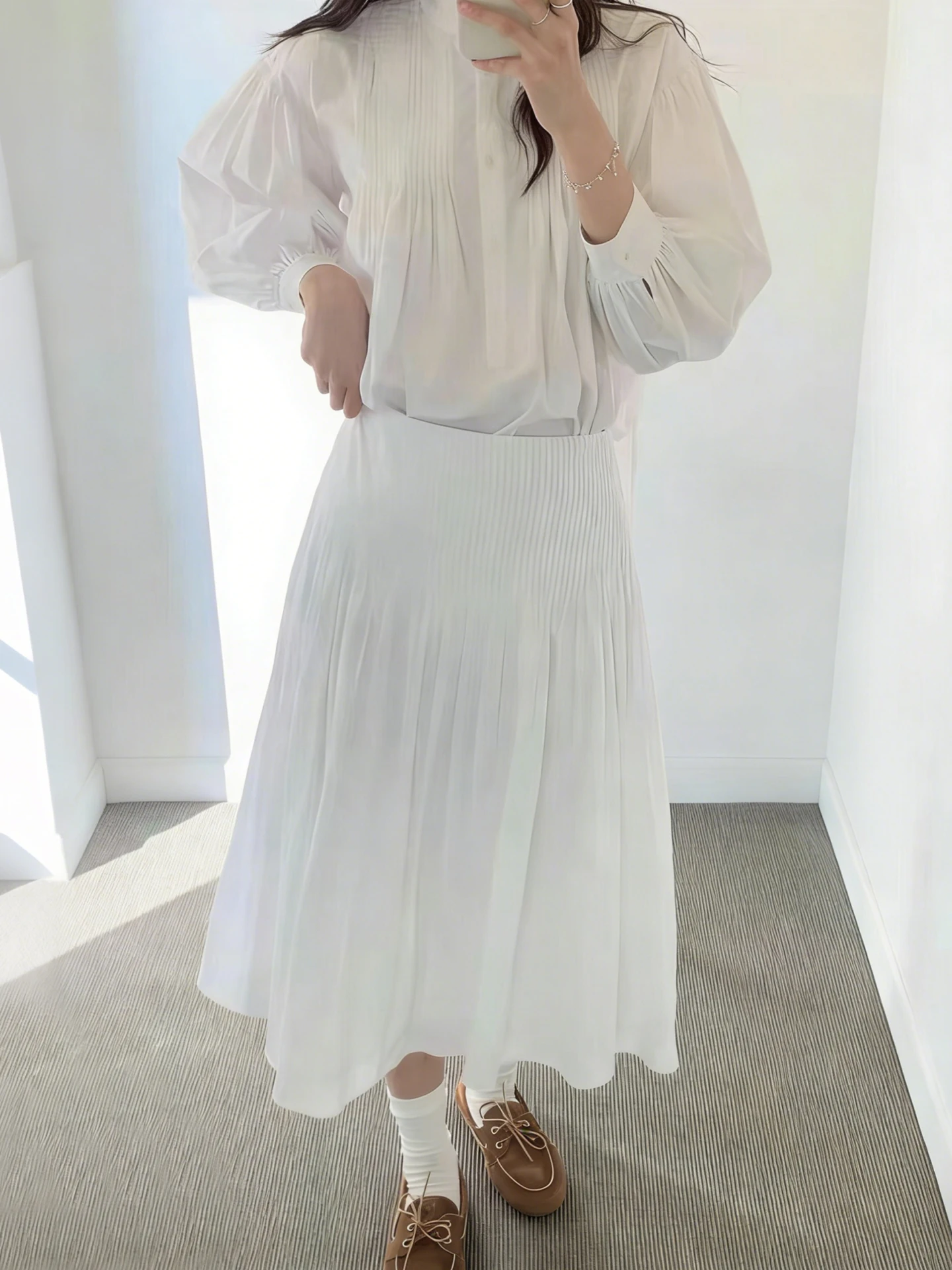 Korean Style Mid-Waist Midi Skirt Women's Gathered Waist Casual Breathable Cotton A-Line Skirt for Daily Travel