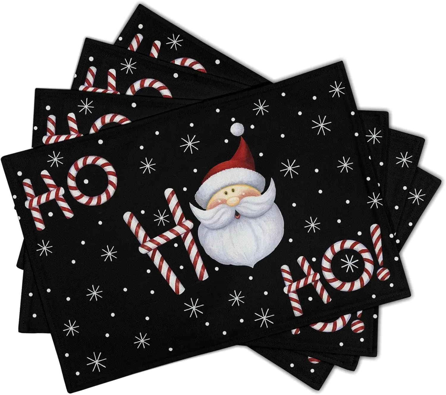 Christmas Placemats Set of 4 Santa Claus Laugh Winter Snowflake Black Table Mat 12x18 Inch Xmas Sweet Candy Cane Stick Heat