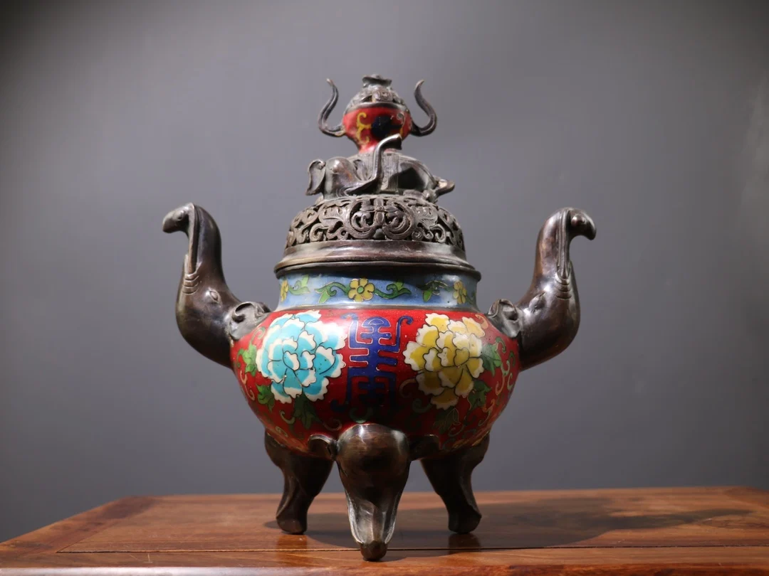 

9"Tibetan Temple Collection Old Bronze Cloisonne Enamel Elephant Statue Trunk Ear Three legged incense burner Worship Hall