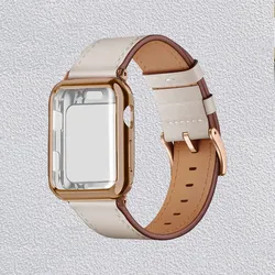 2 pieces rose gold watch screen integrated protective case apricot leather strap suitable for Apple ses987654321 series