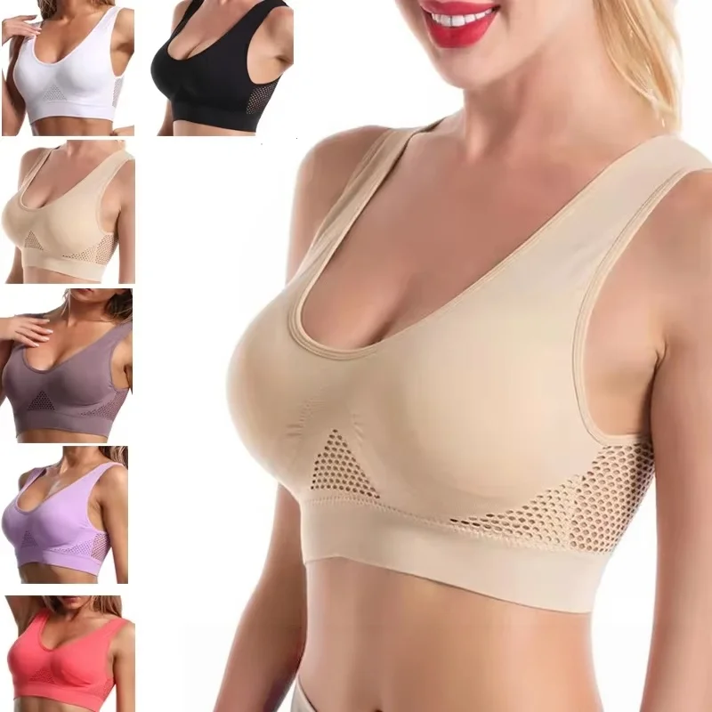 Plus Size 1pcs Women Sports Bras Large Size No Steel Ring Seamless Underwear Removable Chest Pad Runing Sport Hollow Mesh Vest