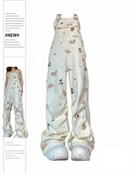 Women Vintage Graffiti Print Jumpsuits Aesthetic Streetwear Y2k Overalls Fashion Kawaii Chic Korean Wide Leg Jumpsuit Pants 2024